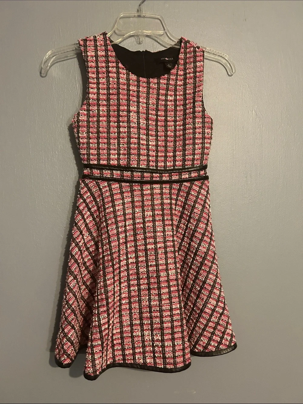 Amy Byer Pink and Black Check Tweed Fit & Flare Dress